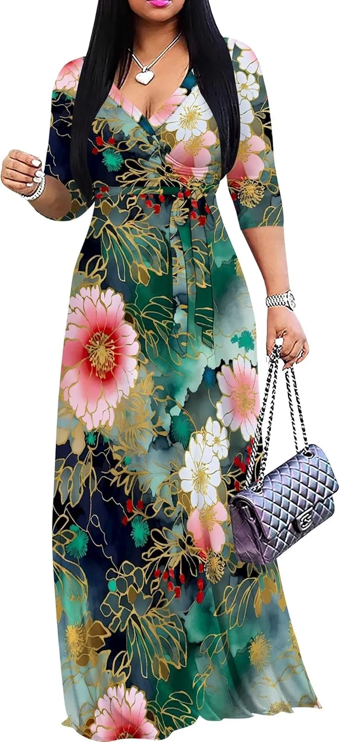 Plus Size Dresses for Women Floral Print Maxi Dress Wrap Boho 3/4 Sleeve with Belt Wedding