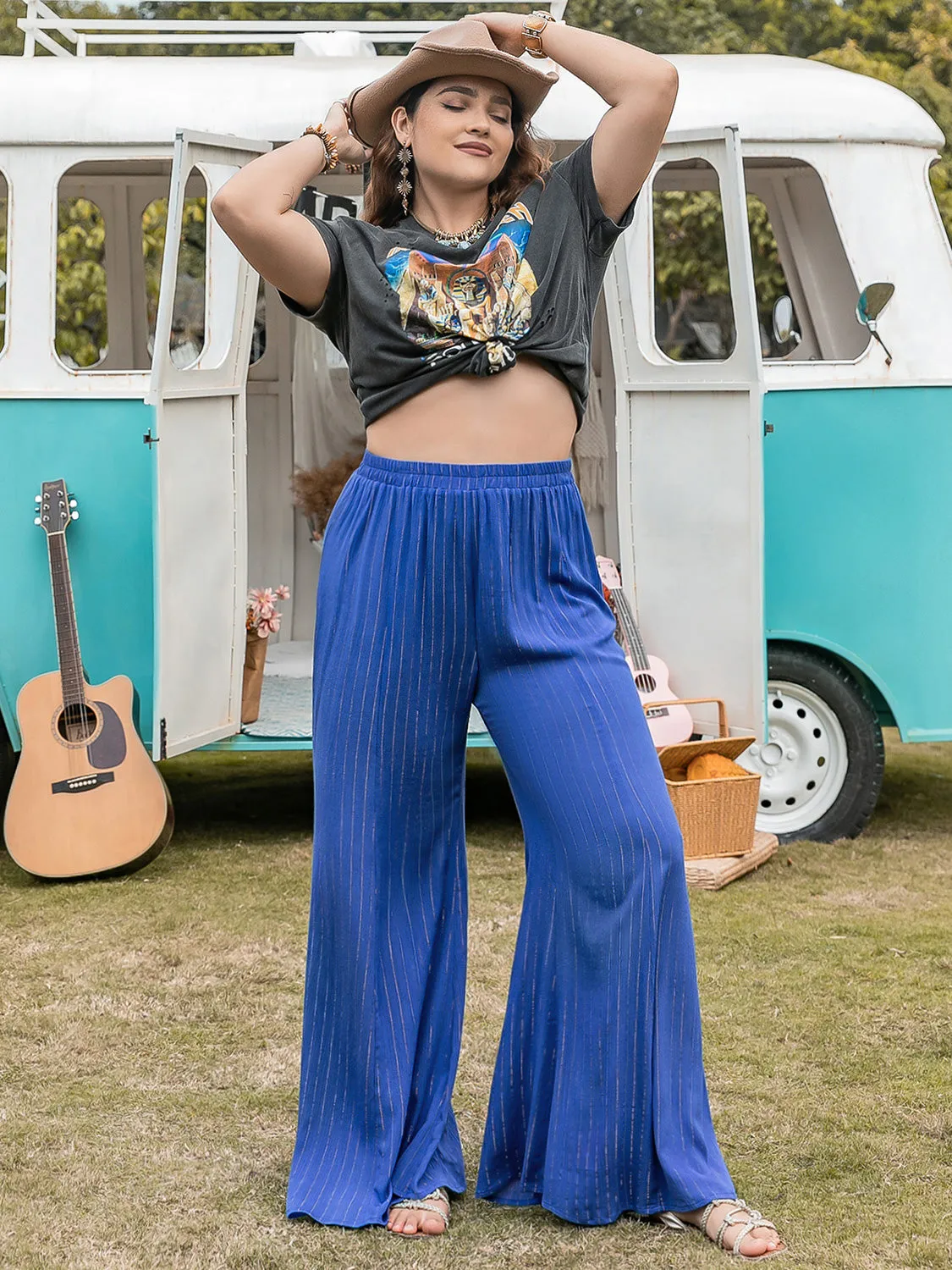 Plus Size Striped Wide-Leg Pants Royal Blue