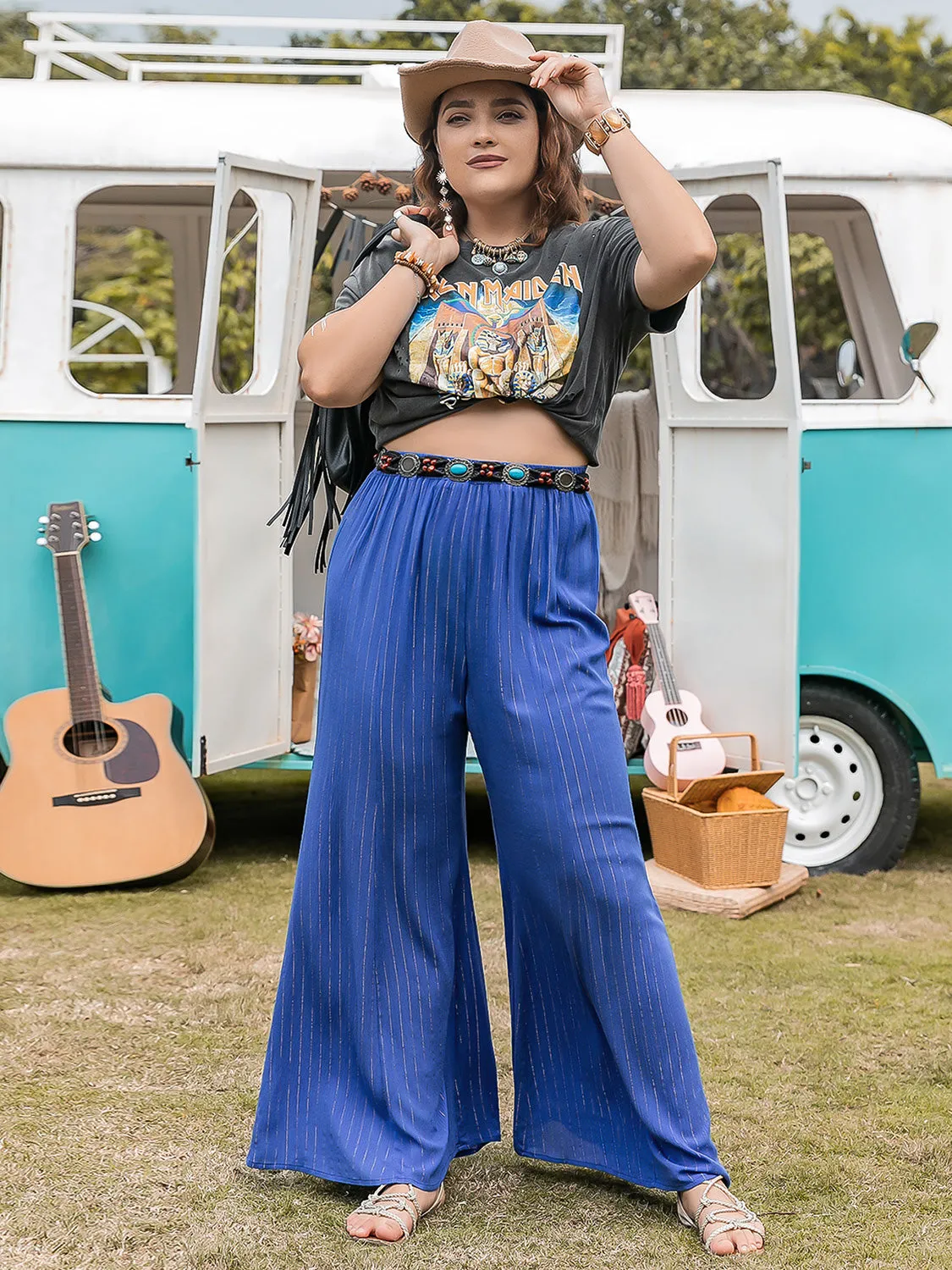 Plus Size Striped Wide-Leg Pants Royal Blue