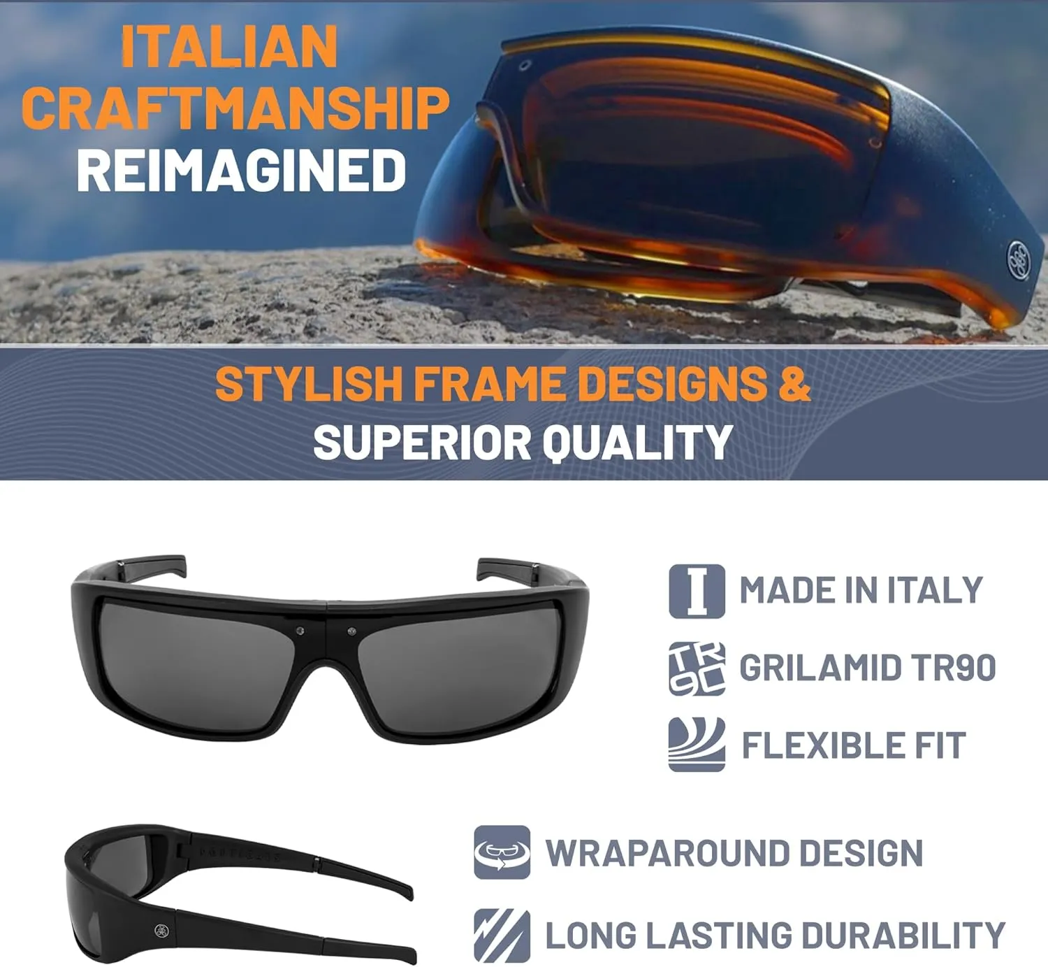 POPGEAR Mens Sport Sunglasses, Womens Polarized Sunglasses, Grilamid TR90 Made in Italy, Easily Collapse For Compact Storage