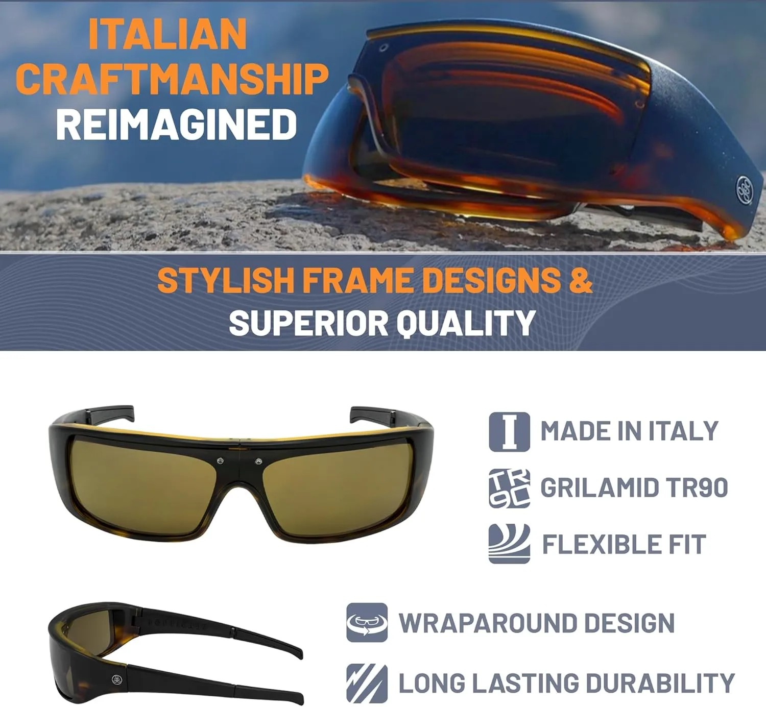 POPGEAR Mens Sport Sunglasses, Womens Polarized Sunglasses, Grilamid TR90 Made in Italy, Easily Collapse For Compact Storage
