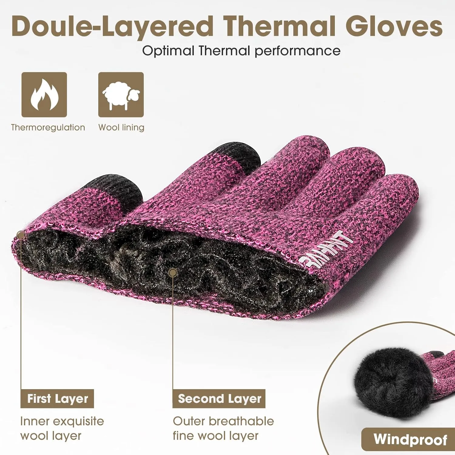 Rahhint Wool Winter Gloves Men Women Fleece lined Knit Gloves with Touchscreen Fingers Insulated Gloves Keep Hand Warm Gift