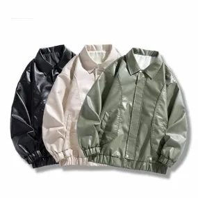 Simple Solid Color Lapel Biker Leather Jacket Coat