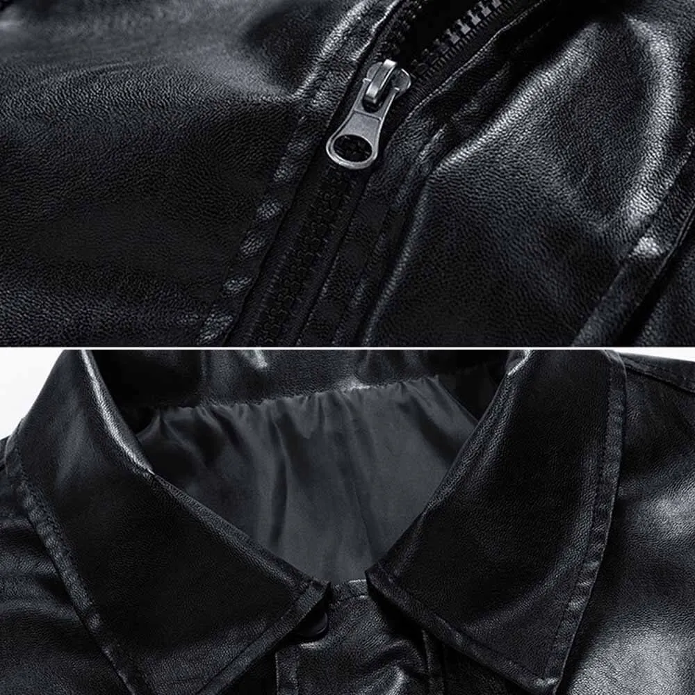 Simple Solid Color Lapel Biker Leather Jacket Coat