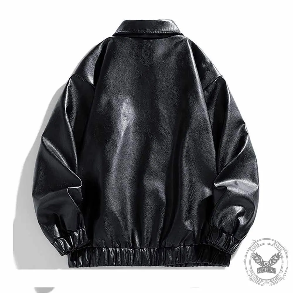 Simple Solid Color Lapel Biker Leather Jacket Coat