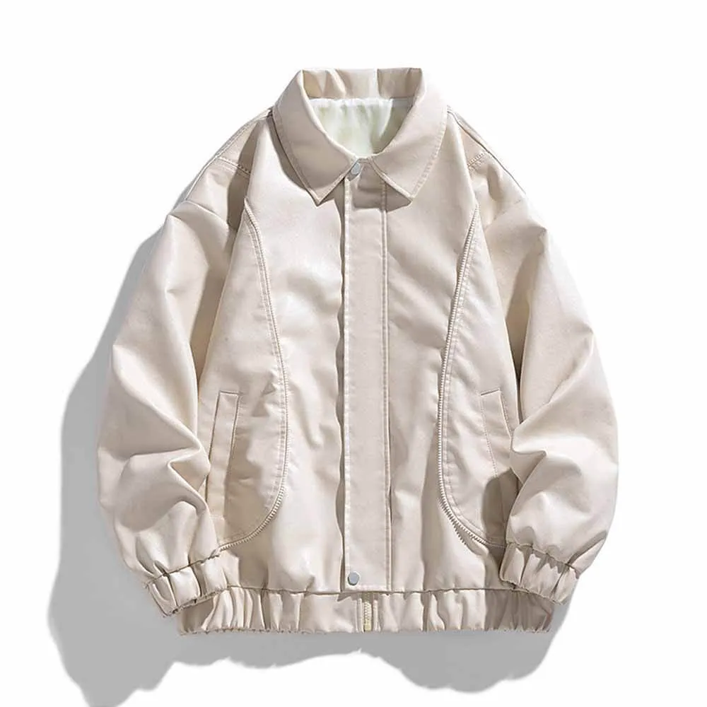 Simple Solid Color Lapel Biker Leather Jacket Coat
