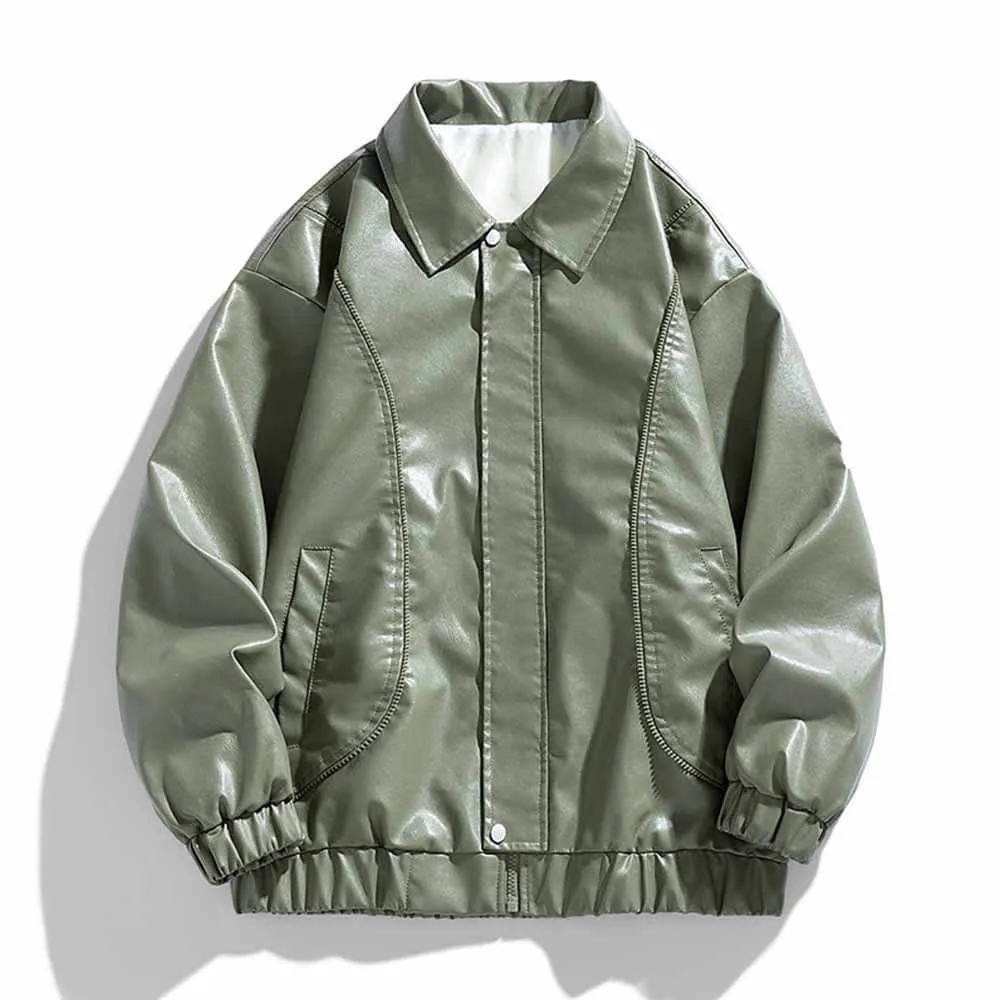 Simple Solid Color Lapel Biker Leather Jacket Coat