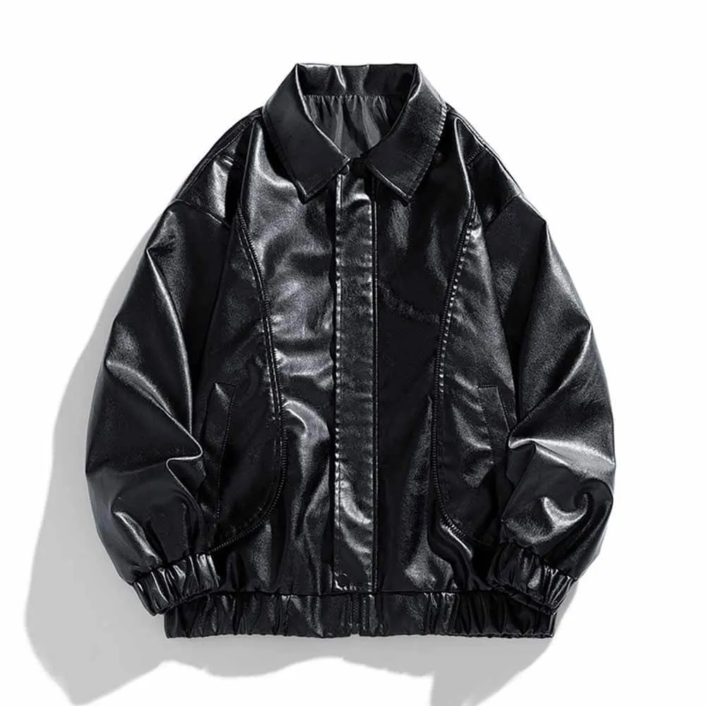 Simple Solid Color Lapel Biker Leather Jacket Coat