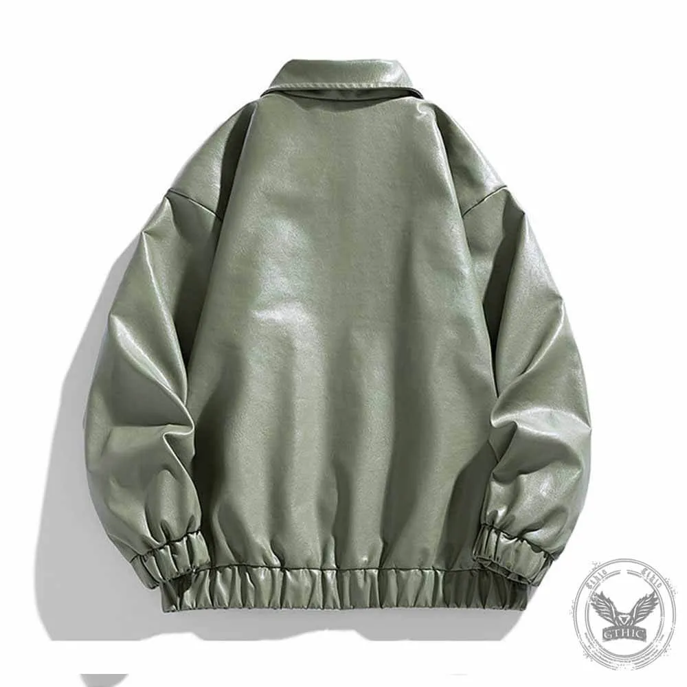 Simple Solid Color Lapel Biker Leather Jacket Coat