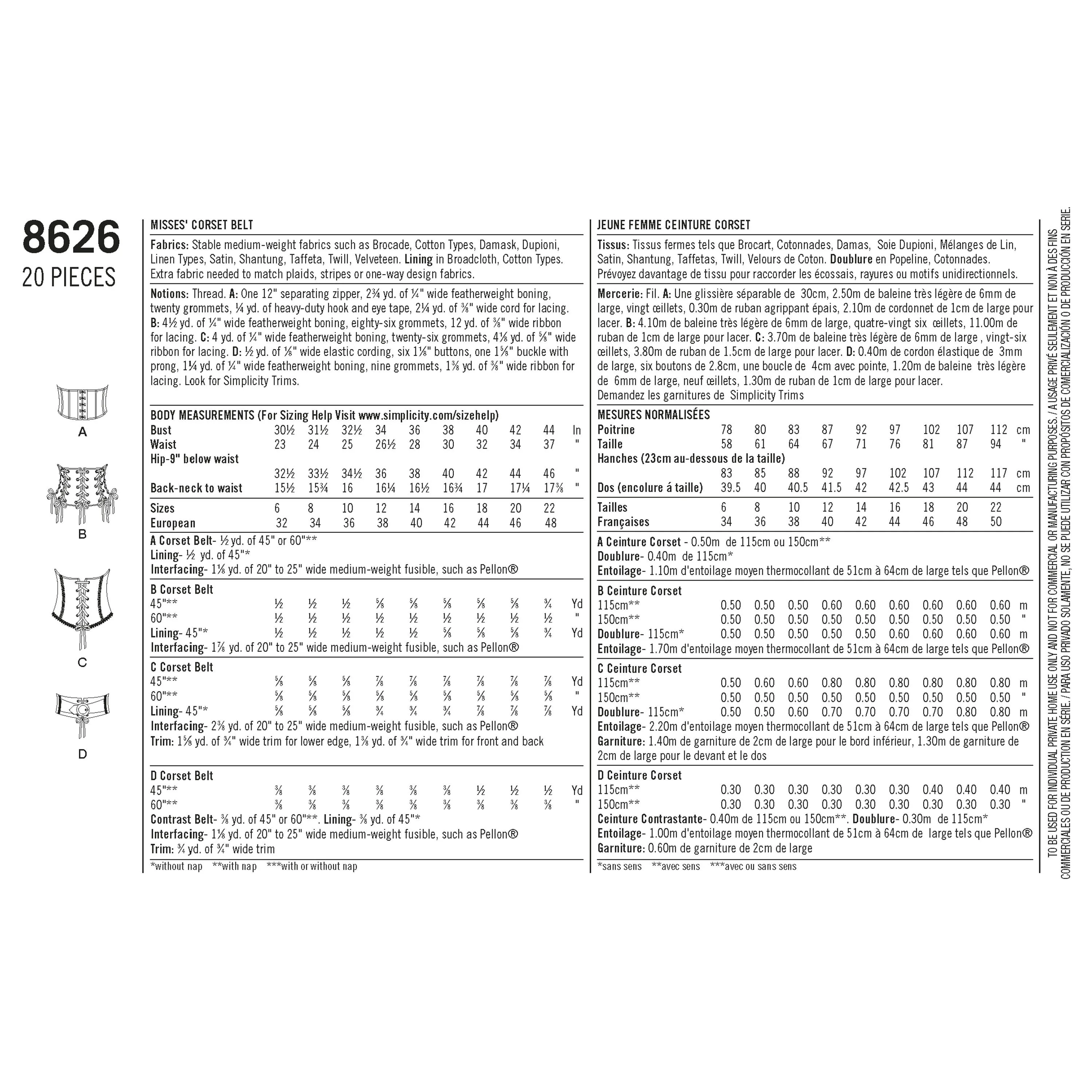 Simplicity Pattern 8626 corset belts