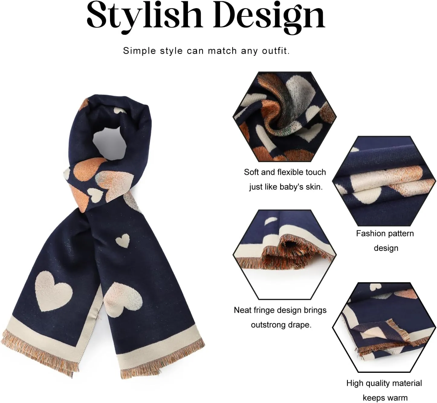 Sumato Scarf for Women Fall Winter Shawl Wraps Long Women Scarves Warm Soft Cashmere Feel Classic Heart Style