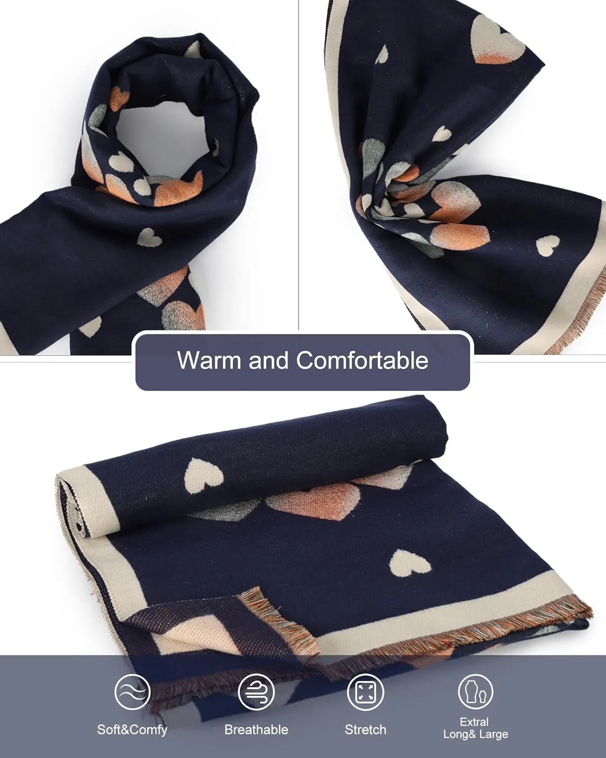 Sumato Scarf for Women Fall Winter Shawl Wraps Long Women Scarves Warm Soft Cashmere Feel Classic Heart Style