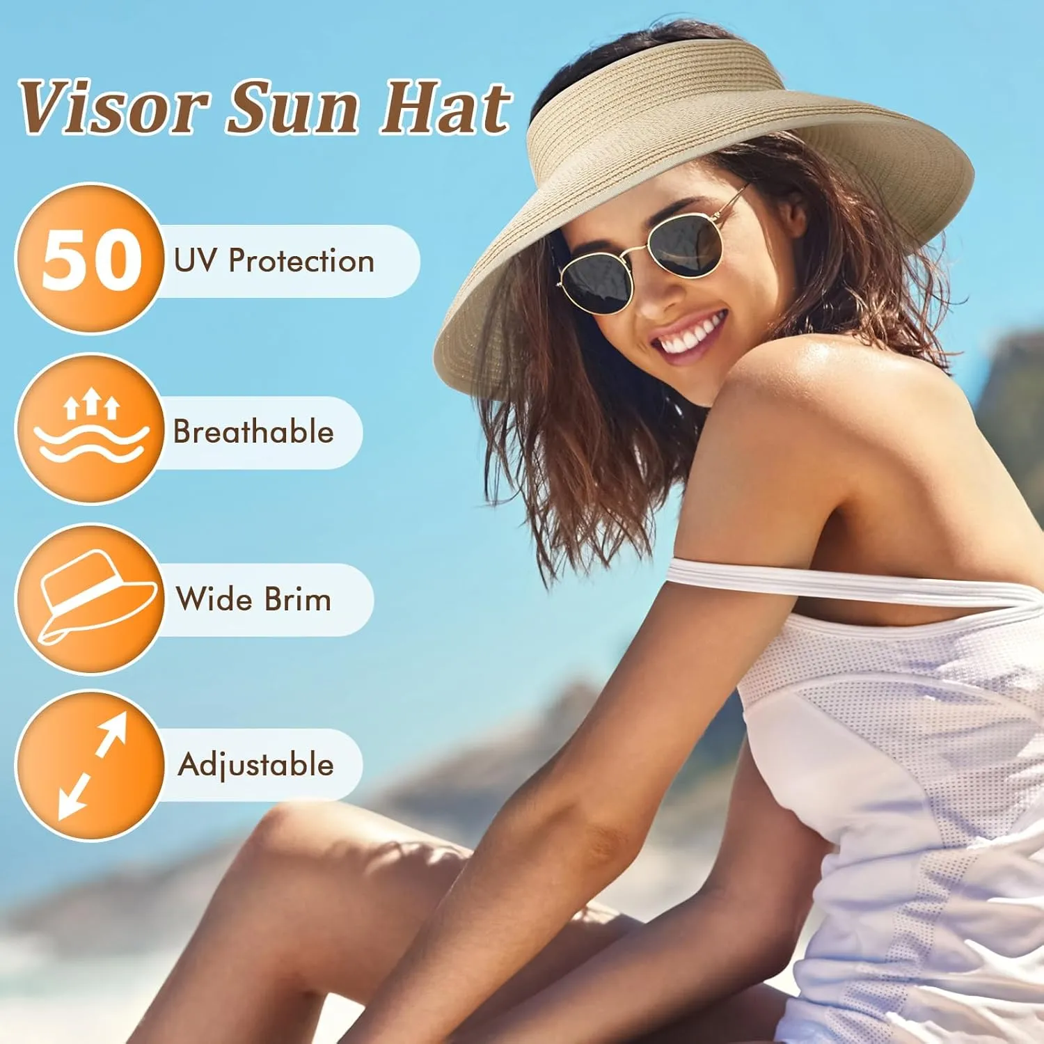 Sun Hats for Women, Wide Brim Straw Beach Hat for Women Foldable Floppy, Sun Hat UPF 50  UV Protection