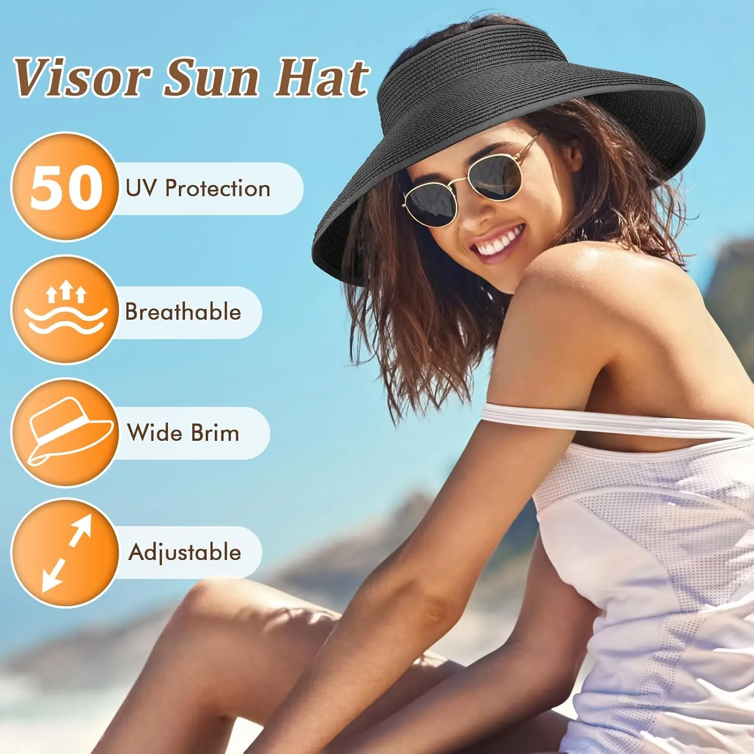 Sun Hats for Women, Wide Brim Straw Beach Hat for Women Foldable Floppy, Sun Hat UPF 50  UV Protection