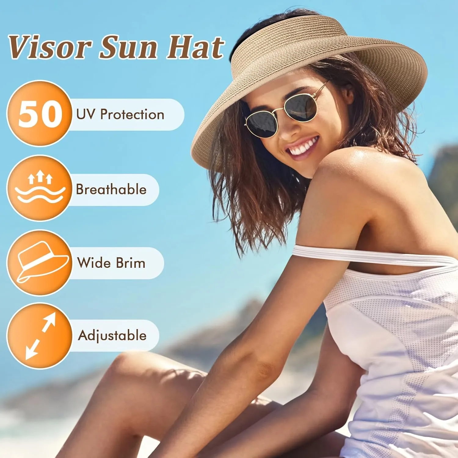 Sun Hats for Women, Wide Brim Straw Beach Hat for Women Foldable Floppy, Sun Hat UPF 50  UV Protection