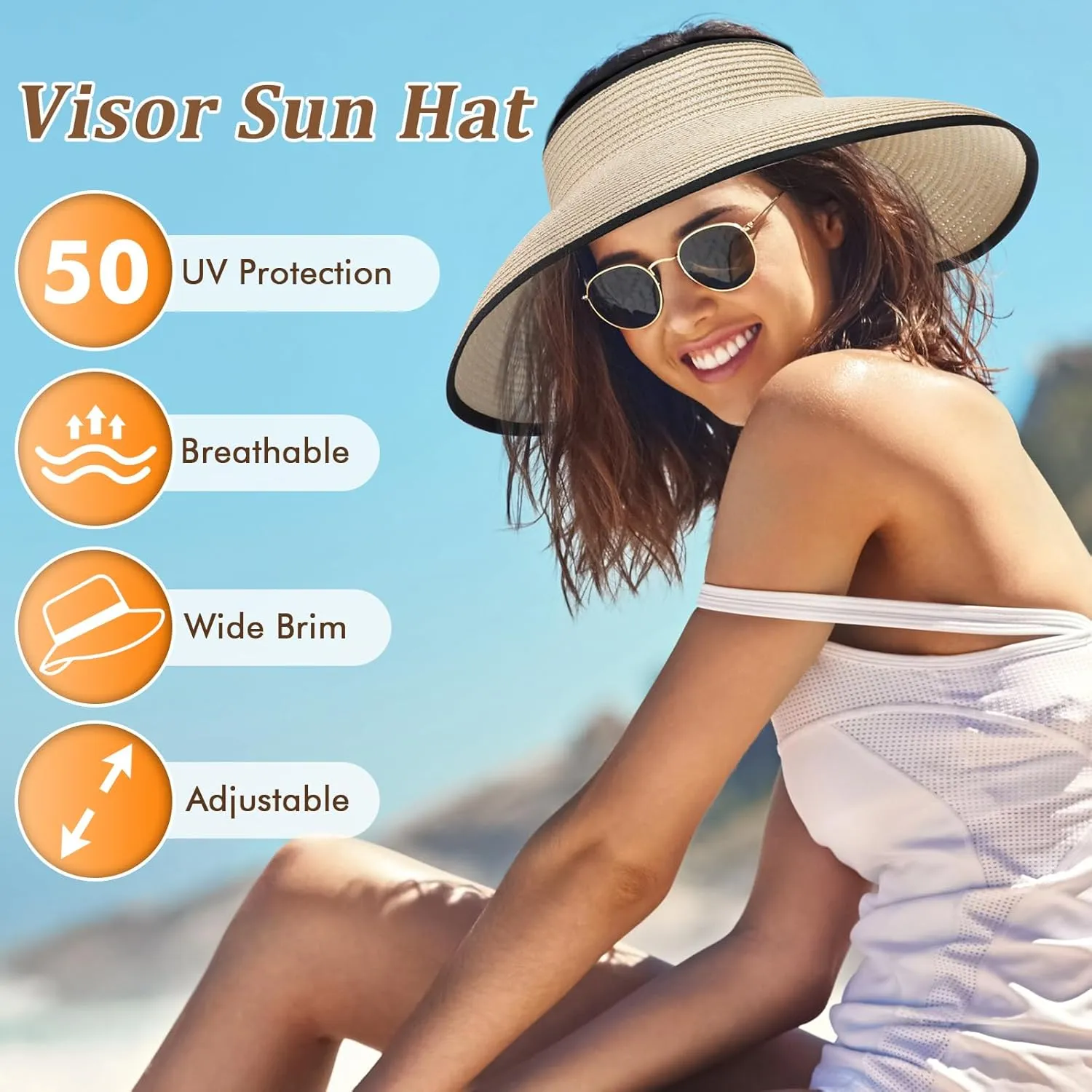 Sun Hats for Women, Wide Brim Straw Beach Hat for Women Foldable Floppy, Sun Hat UPF 50  UV Protection