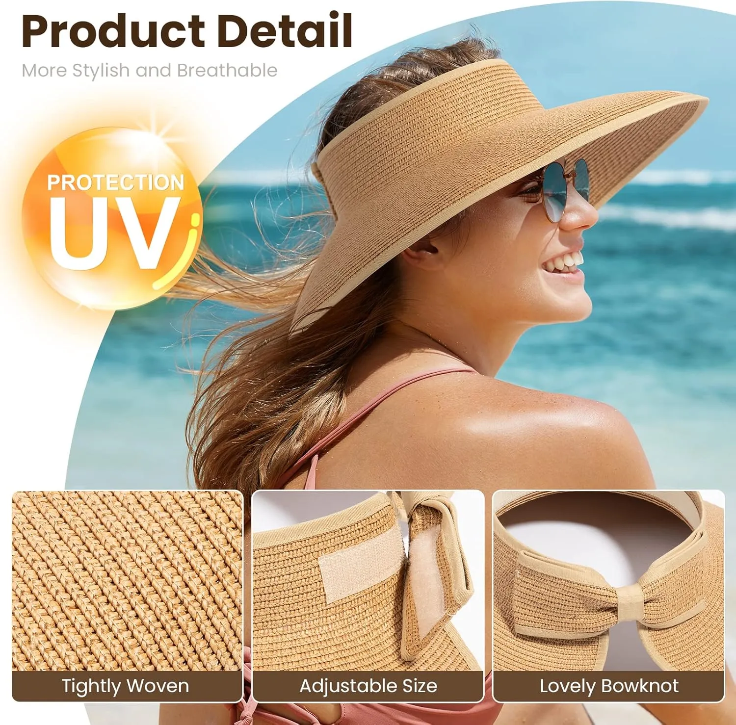 Sun Visors for Women Wide Brim Straw Hat Women Beach Visor Hats for Women Uv Protection Foldable Sun Hat Women Beach Hat
