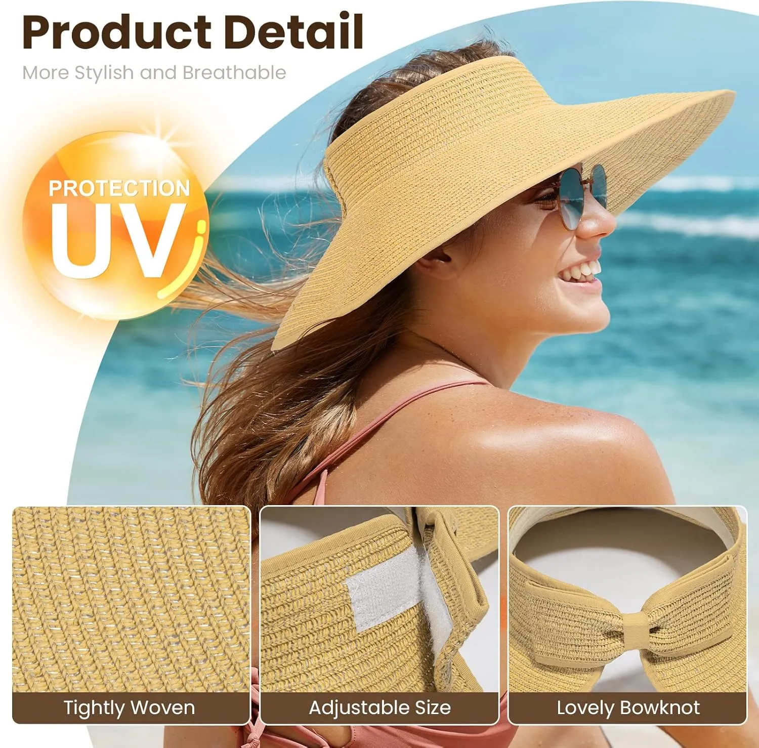 Sun Visors for Women Wide Brim Straw Hat Women Beach Visor Hats for Women Uv Protection Foldable Sun Hat Women Beach Hat