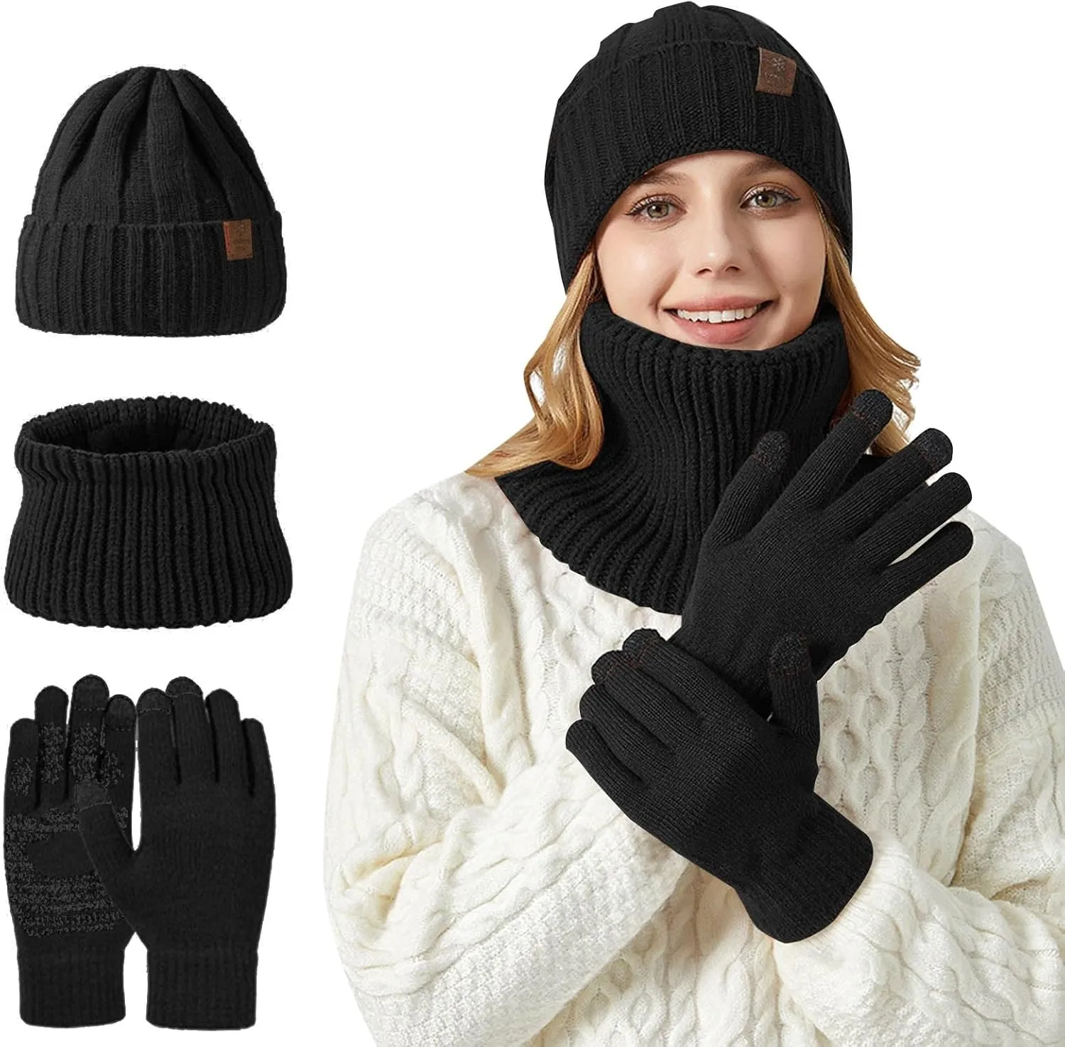 Winter Hat Scarf and Glove Set for Women Slouchy Warm Knit Beanie Hats Thermal Neck Scarves Touchscreen Gloves Sets