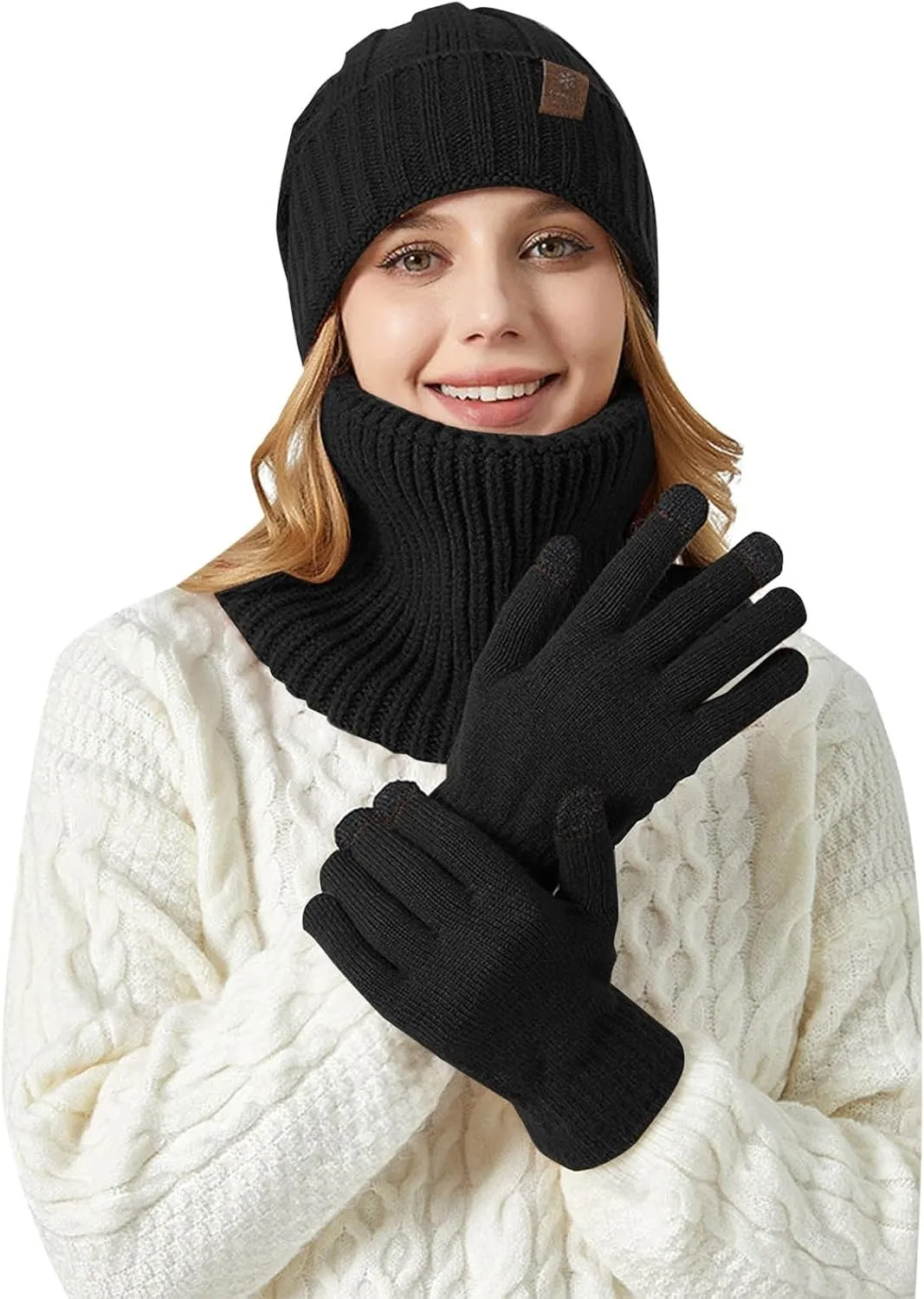 Winter Hat Scarf and Glove Set for Women Slouchy Warm Knit Beanie Hats Thermal Neck Scarves Touchscreen Gloves Sets