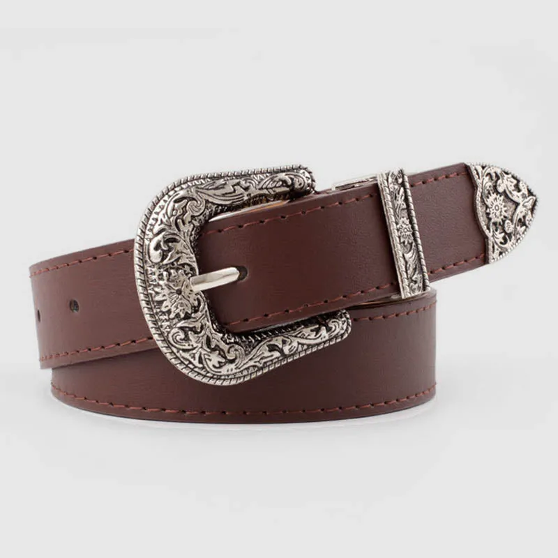Wisherryy Western Vintage Carved Buckle Basic Belt GJ0042