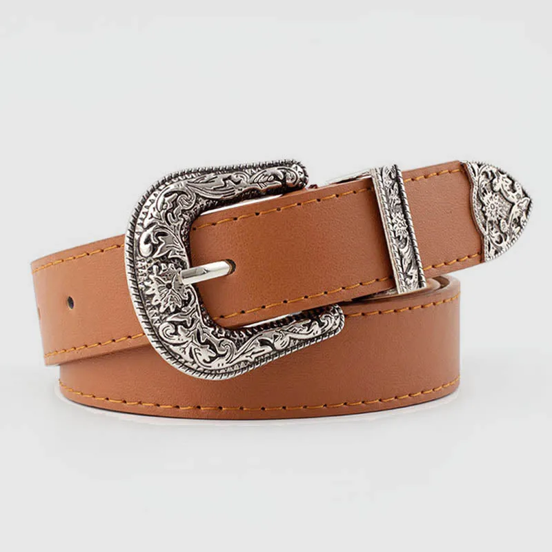 Wisherryy Western Vintage Carved Buckle Basic Belt GJ0042
